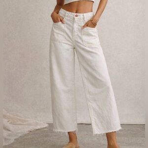 NWOT$98 NEW WE THE FREE Wide Leg Jeans Women 27x29” Button Fly Raw Hem White Out